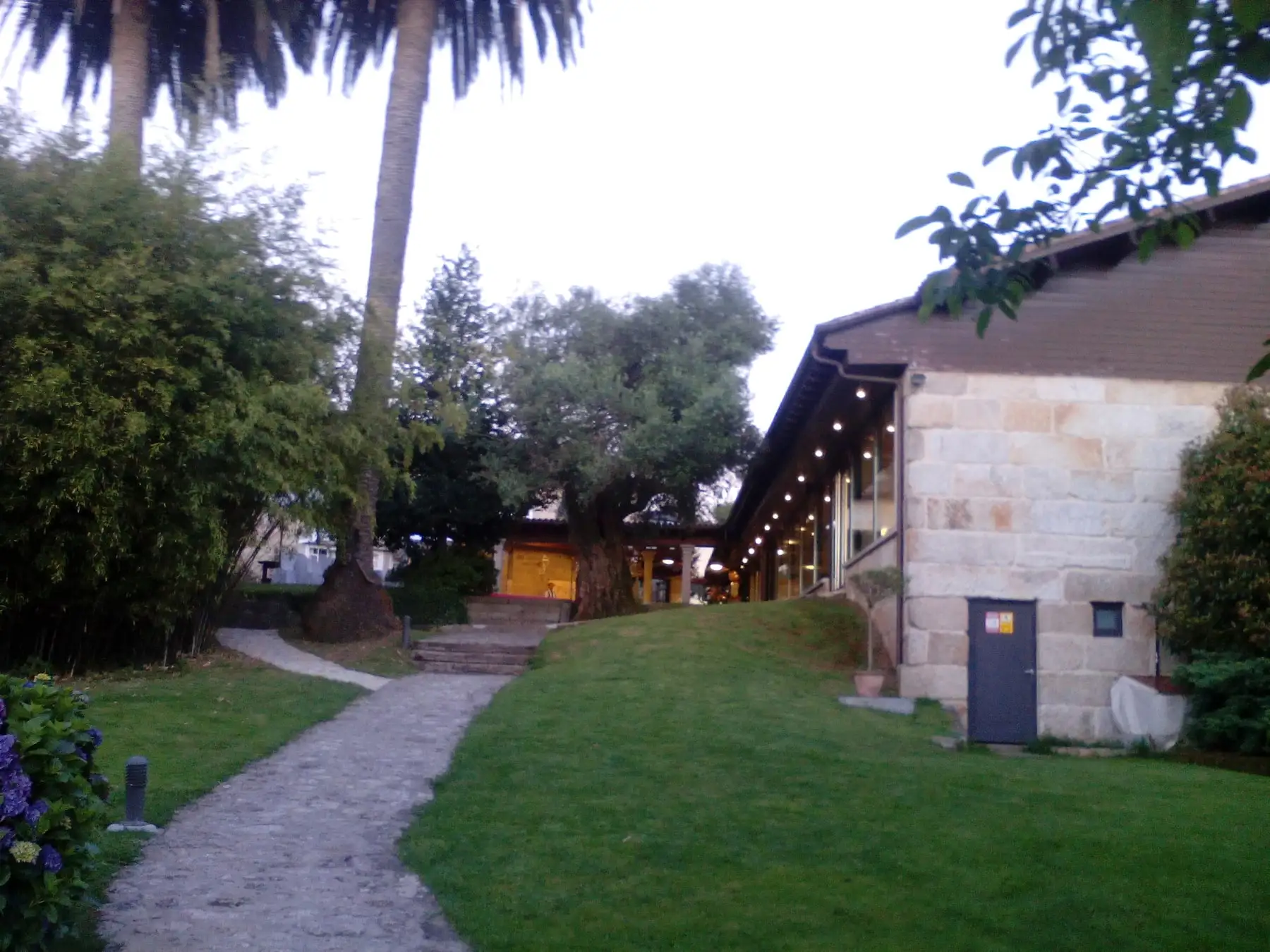 Un camino de piedra entre el césped y las palmeras hacia el salón, con guirnaldas de luces bajo el alero